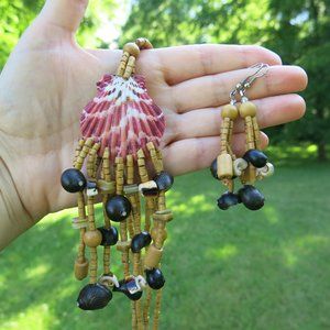 NEW Shell Wood Tropical Necklace and Earrings SET
